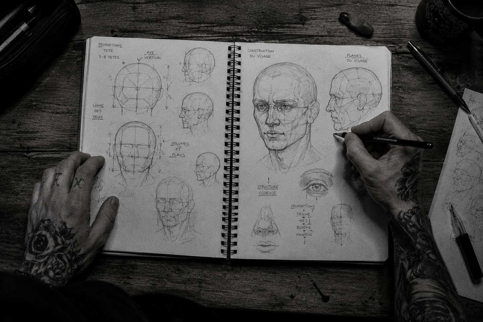 Tatoueur dessinant une étude anatomique sur carnet en noir et blanc