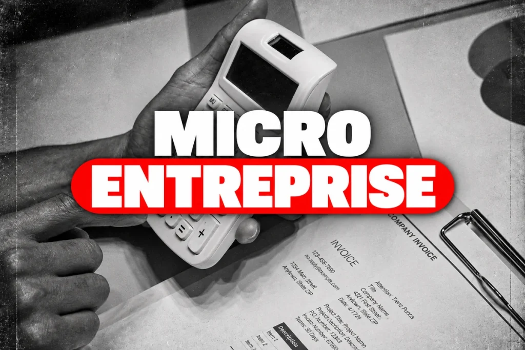 Calculatrice et facture en noir et blanc, avec le titre Micro-entreprise.