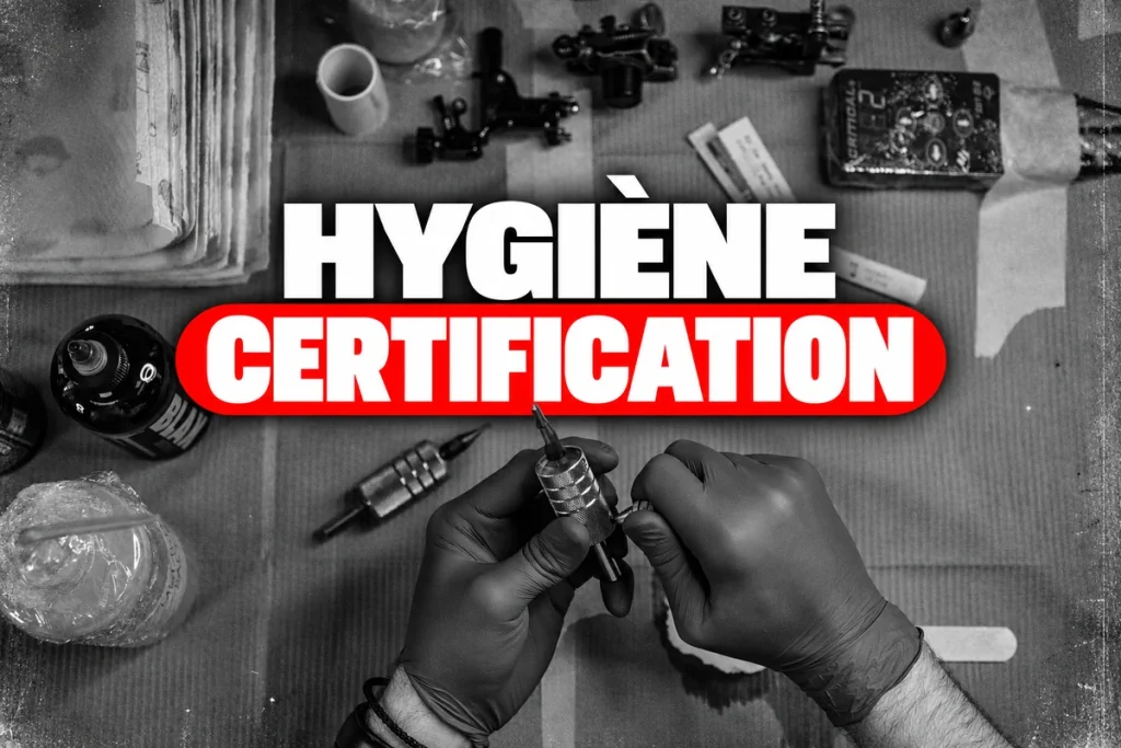 Mains gantées préparant du matériel de tatouage, avec le titre Hygiène certification.