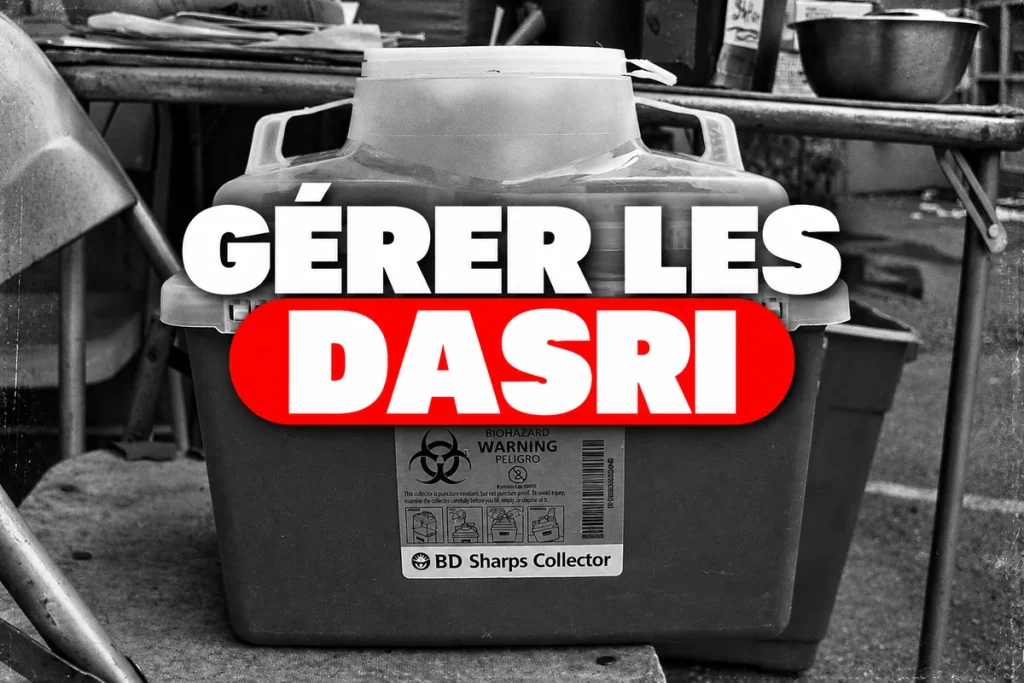 Collecteur pour objets piquants en noir et blanc, avec le titre Gérer les DASRI.