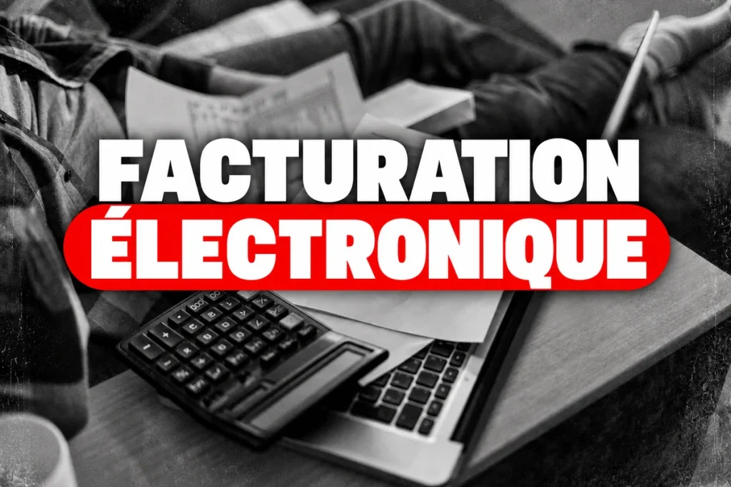 Ordinateur, calculatrice et documents en noir et blanc, titre Facturation électronique.