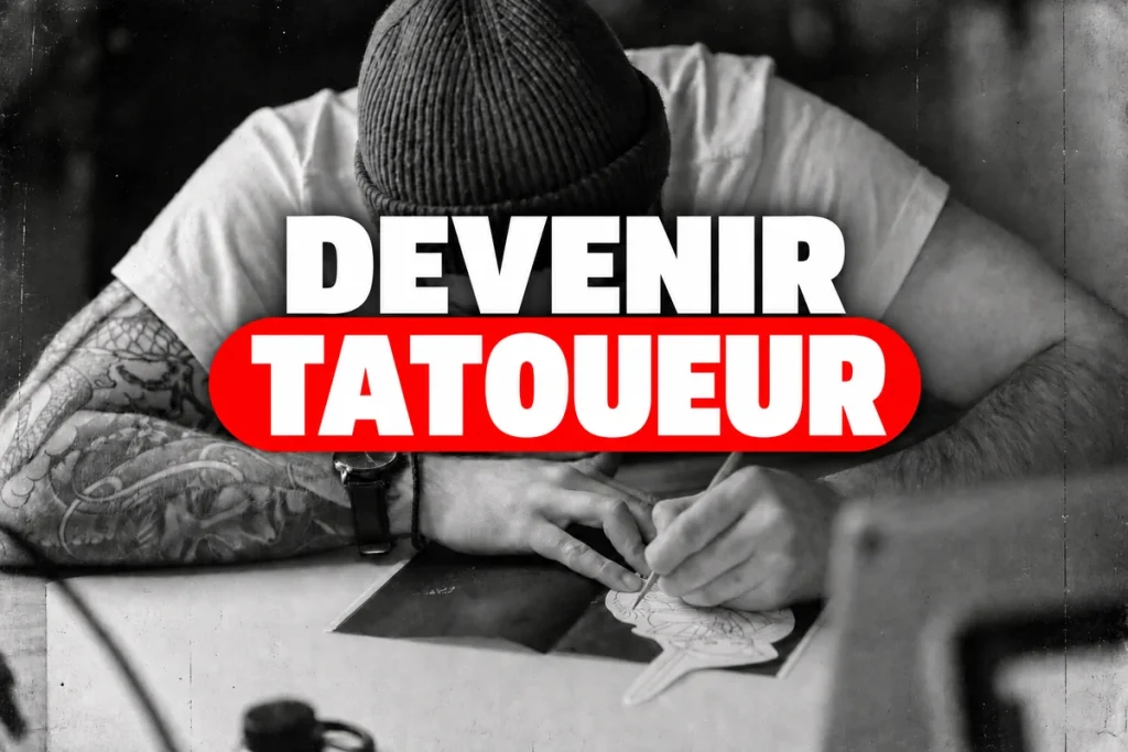 Artiste dessinant un motif de tatouage, titre Devenir tatoueur.