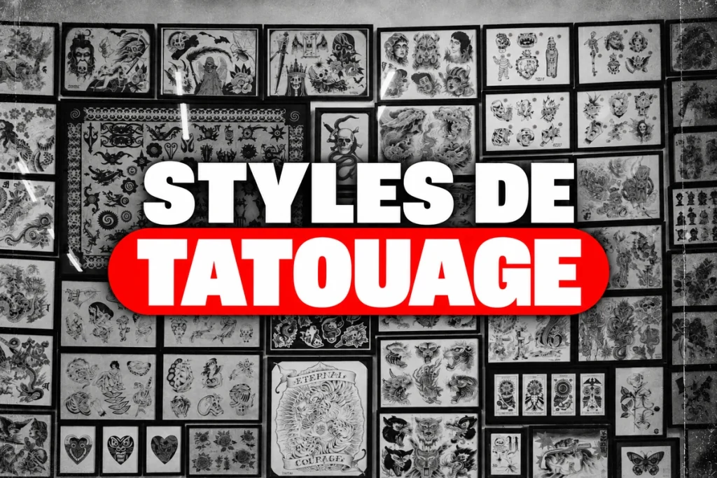 Mur de planches de flashs encadrées en noir et blanc, titre Styles de tatouage.