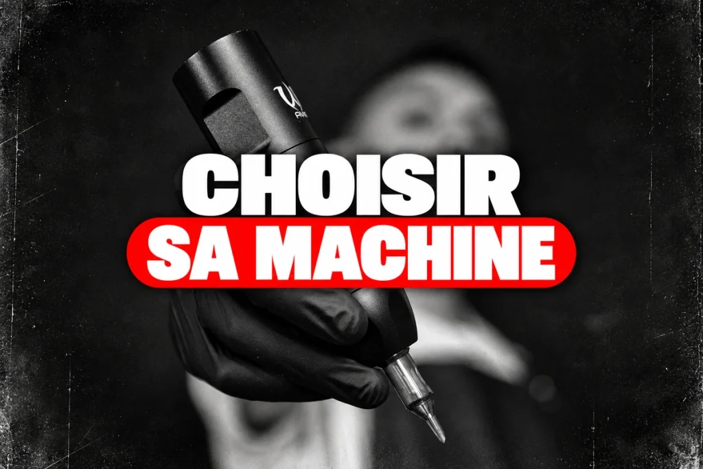 Main gantée présentant une machine à tatouer, titre Choisir sa machine.