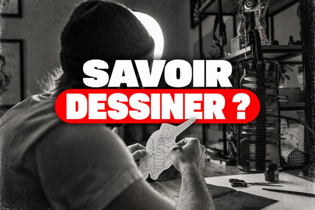 Artiste tenant un dessin dans son atelier, titre Savoir dessiner ?