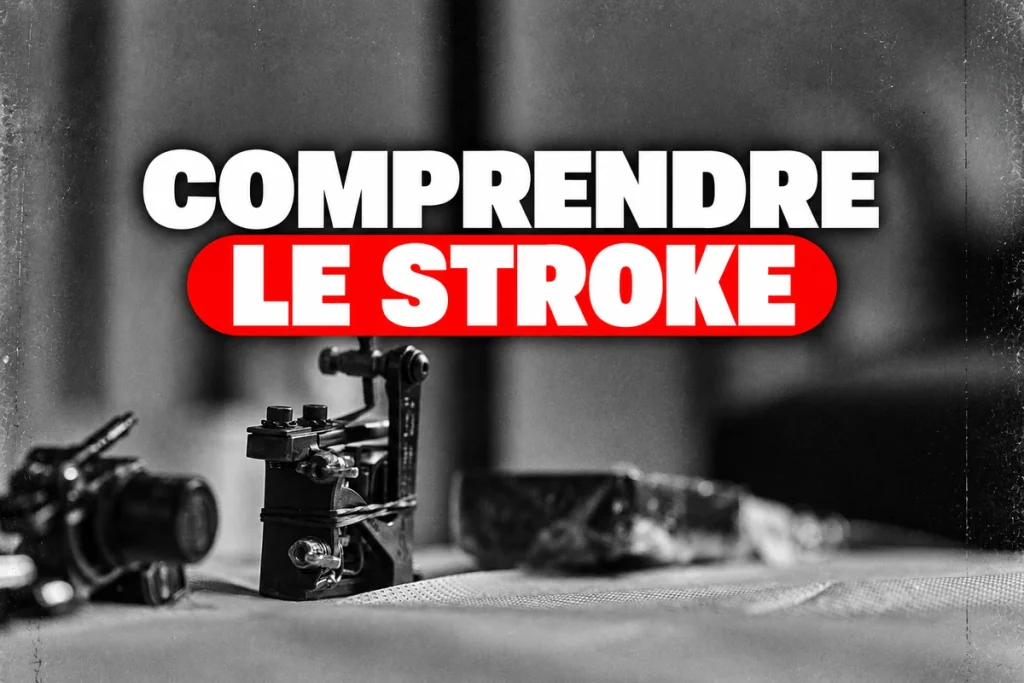 Gros plan de machines à tatouer à bobines, titre Comprendre le stroke.