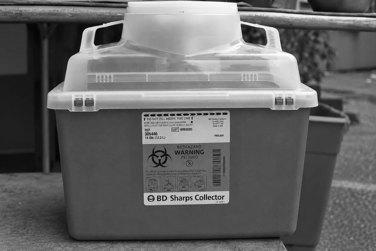Collecteur rigide à couvercle pour objets piquants et tranchants.