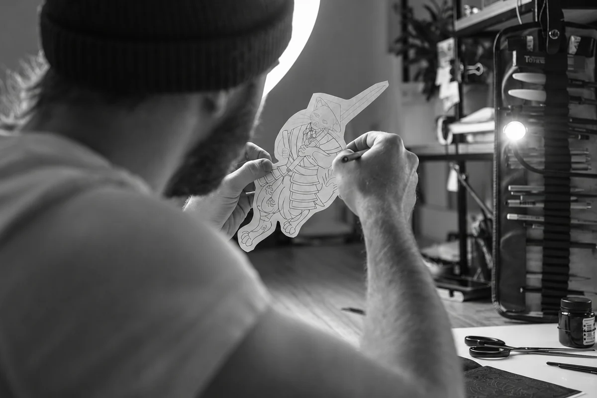 Artiste travaillant les contours d’un motif sur papier.